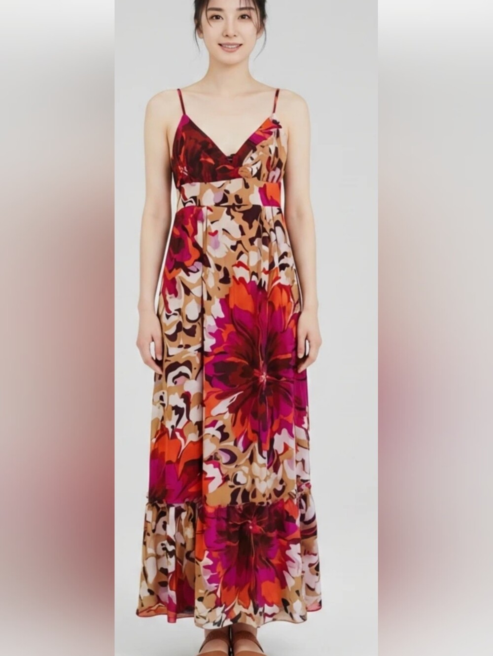 Floral Maxi Slip Dress with V-Neck in Fuchsia and Tan